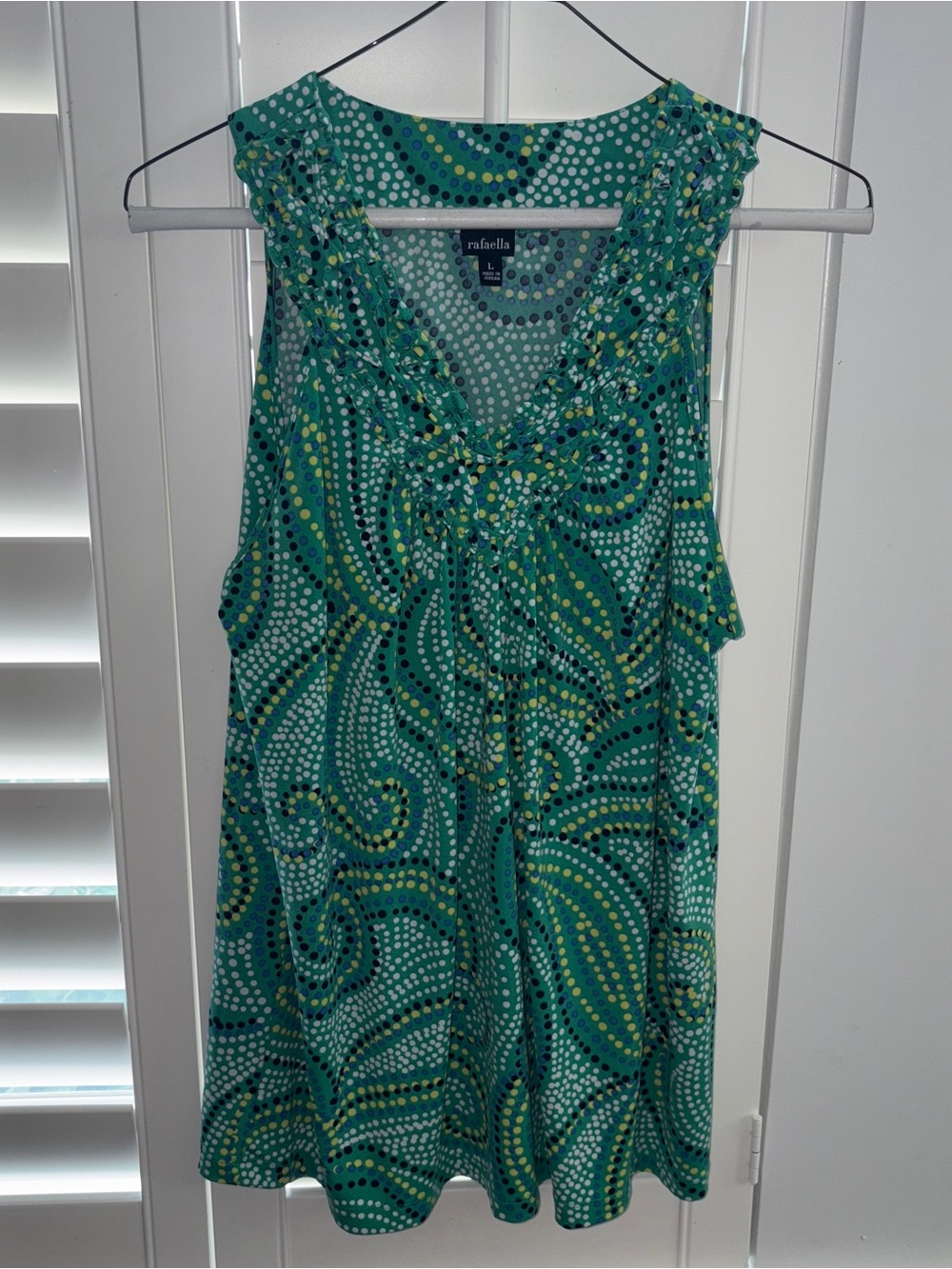 Rafaella Teal and Green Swirl Ruffle V-Neck Sleeveless Top